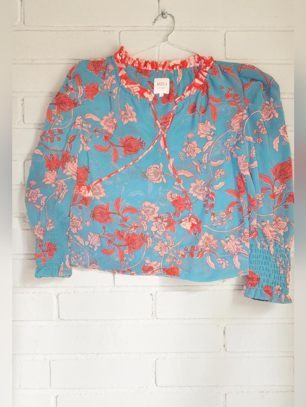 MISA Los Angeles Designer Floral Blouse S Teal Boho Tie Neck Smocked Sleeve Top
